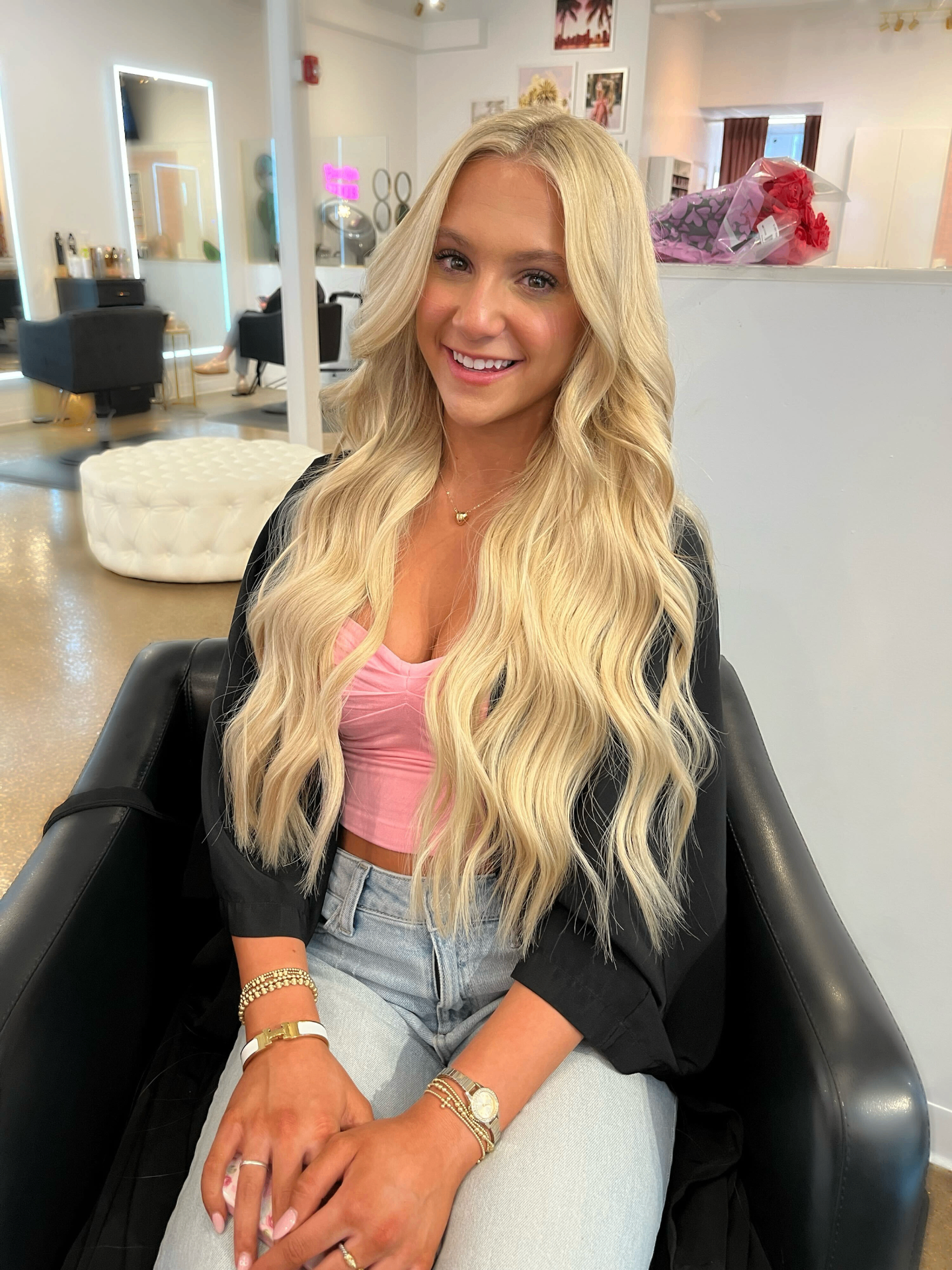 Hand-tied extensions result - platinum blonde waves